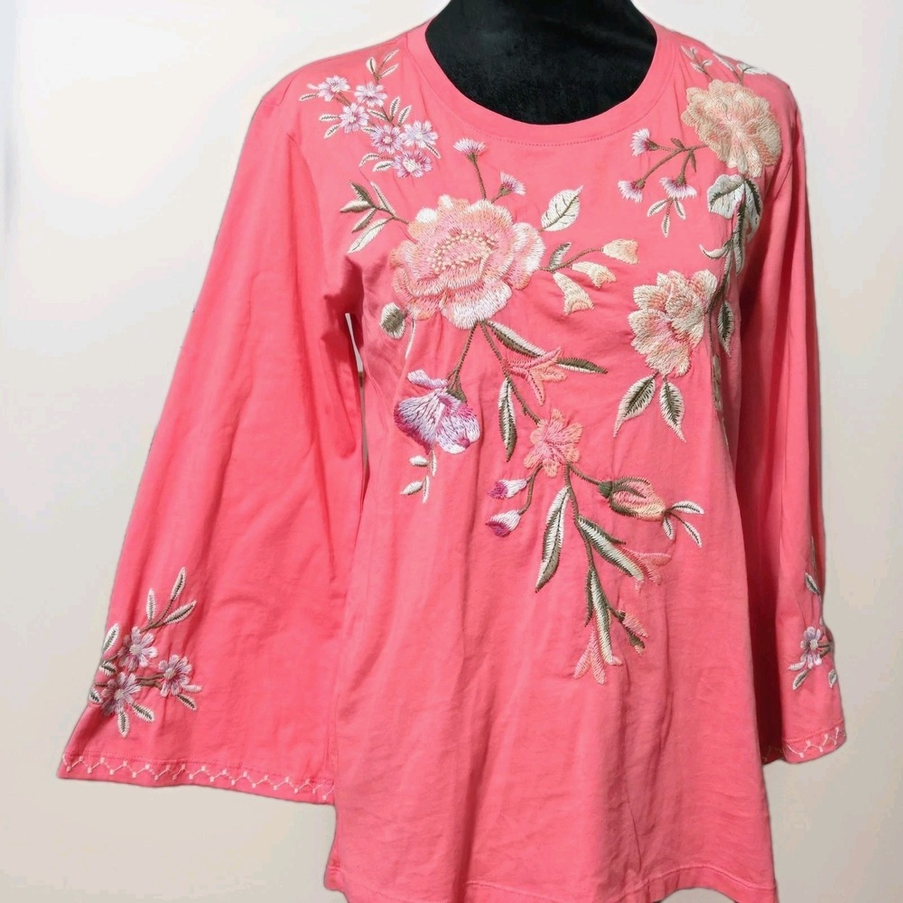 Johnny Was Vienna Embroidered Kimono Sleeve Tee Sz‎ S Boho Chic Pink Guava